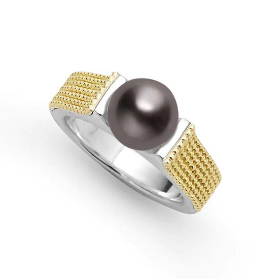 LAGOS Two-Tone Caviar Tahitian Black Pearl Ring in Sterling Silver and 18K Yellow Gold