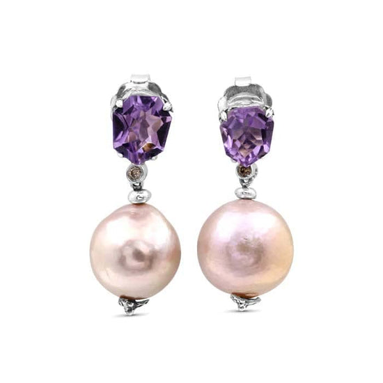 Stephen Dweck Galactical Amethyst and Baroque Pearl Drop Earrings with Diamonds in Sterling Silver
