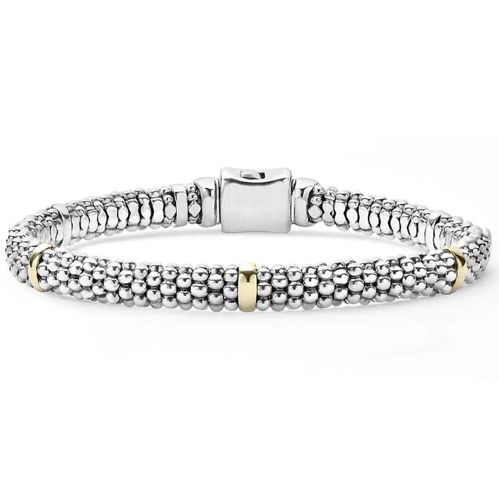 LAGOS Signature Caviar Beaded Five Station Bracelet in Sterling Silver and 18K Yellow Gold - Size Medium (7)