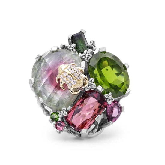 Stephen Dweck One of A Kind Tourmaline and Peridot Ring in Sterling Silver with 18K Gold with .07CTW Diamond Pave Adam