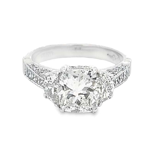 J B Star 2.01CT Cushion with 1.20TW Side Diamonds Engagement Ring in Platinum