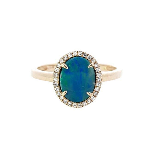 Mountz Collection Australian Opal Ring with Diamond Halo in 14K Yellow Gold