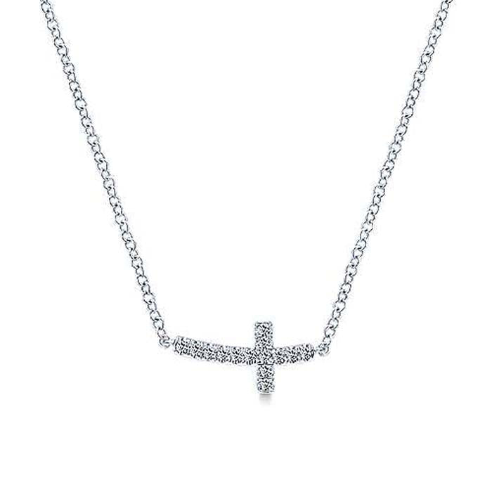 Gabriel & Co. Sideways Curved Diamond Cross Necklace in 14K White Gold