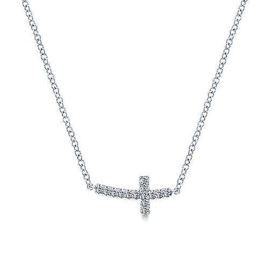 Gabriel & Co. Sideways Curved Diamond Cross Necklace in 14K White Gold