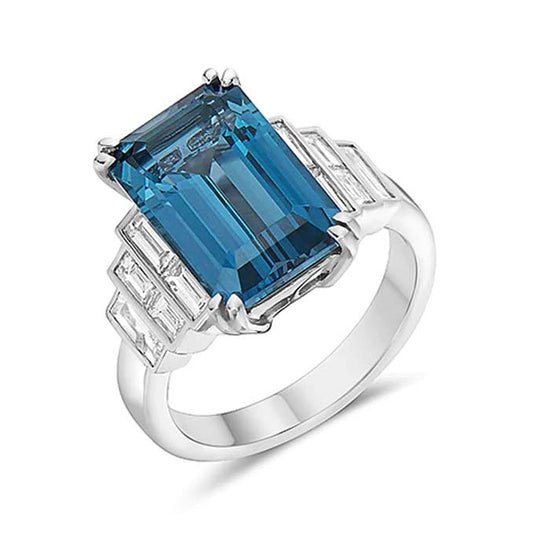 Charles Krypell Pastel Collection London Blue Topaz and Baguette Diamond Ring in 18K White Gold