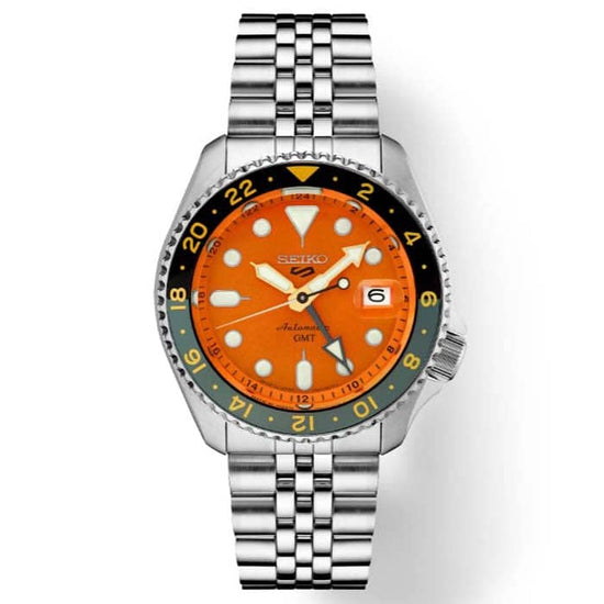 Seiko 42MM Automatic Orange Dial 5 Sports SKX GMT Series Watch in Stainless Steel