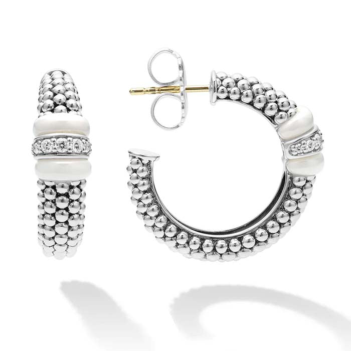 LAGOS White Ceramic Caviar Diamond Hoop Earrings in Sterling Silver