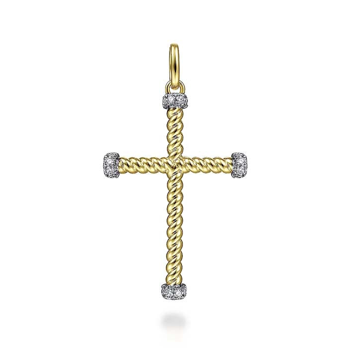 Gabriel & Co. Twisted Rope Cross Pendant with Diamonds in 14K Yellow Gold
