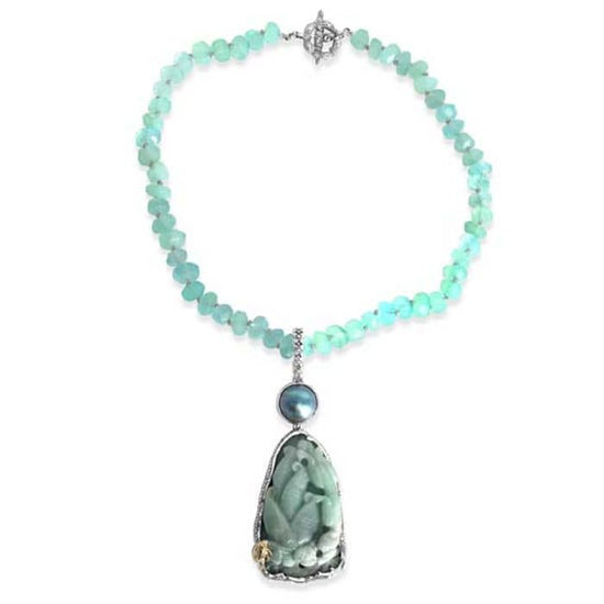 Stephen Dweck One-of-a-Kind Vintage Hand Carved Jade, Mabe Pearl, and Aqua Chalcedony Necklace in Sterling Silver