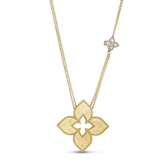 Roberto Coin .20TW Diamond Venetian Princess Medium Cut-Out Flower Convertible Necklace in 18K Yellow Gold
