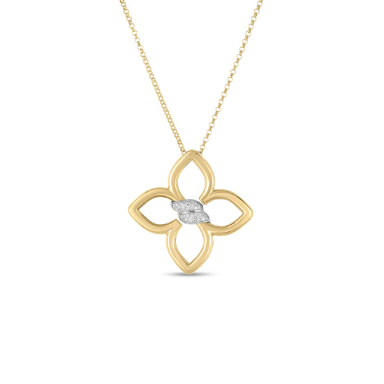 Roberto Coin Cialoma Medium Diamond Flower Necklace in 18K Yellow and White Gold