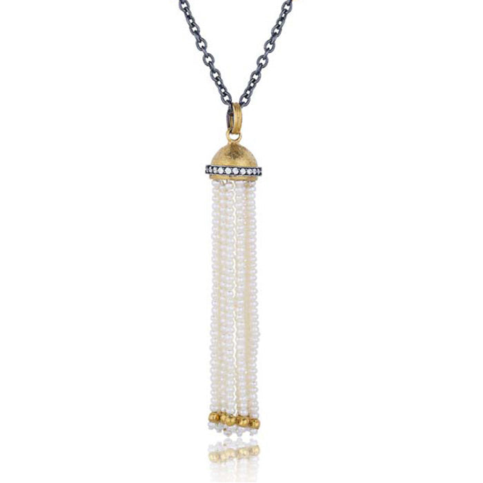 Lika Behar "Domus" Tassel Necklace with Pearl Beads and Diamonds in Oxidized Sterling Silver and 24K Yellow Gold