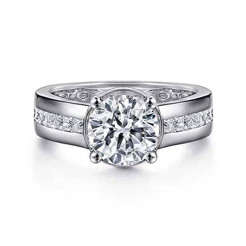 Gabriel & Co. Wide Band Engagement Ring Semi-Mounting with Princess Diamonds in 14K White Gold