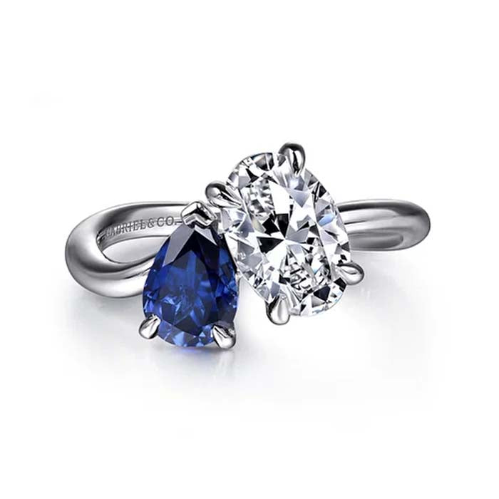 Gabriel & Co. "Cherish" Toi et Moi Engagement Ring Semi-Mounting with Pear Sapphire in 14K White Gold