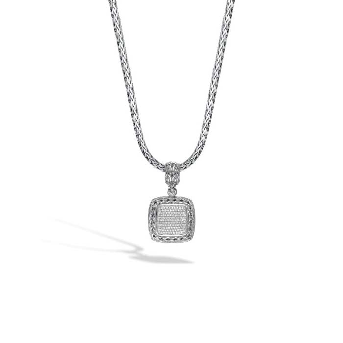 John Hardy Classic Chain Silver Diamond Pave Medium Square Pendant (0.85ct)