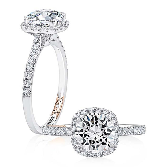A. Jaffe "Classics Collection" Engagement Ring Semi-Mounting Cushion Halo in 14K White and Rose Gold