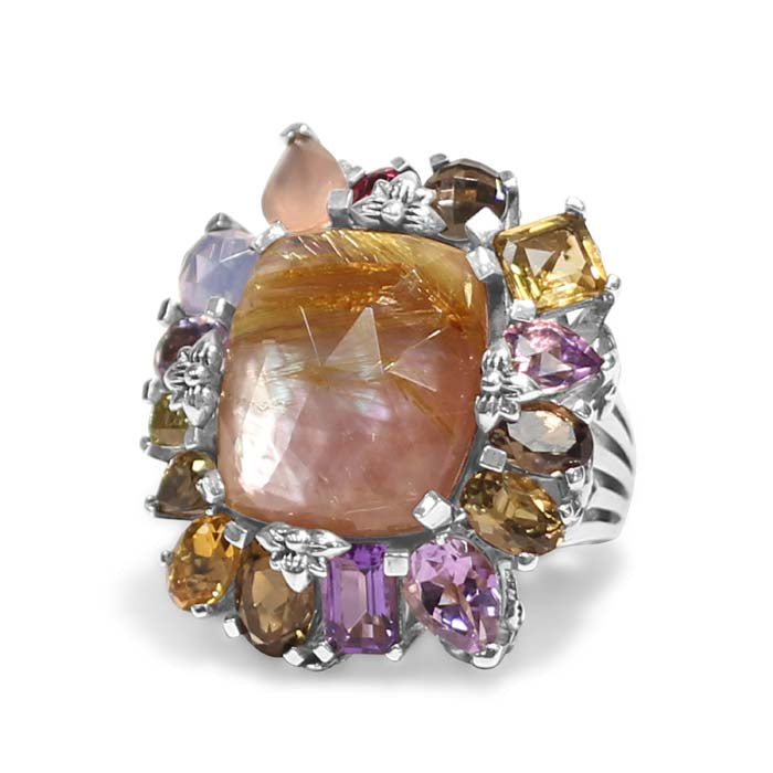 Stephen Dweck Rectangular Gold Rutilated Quartz over Pink Mother of Pearl Ring with Multi-Gemstone Halo in Sterling Silver