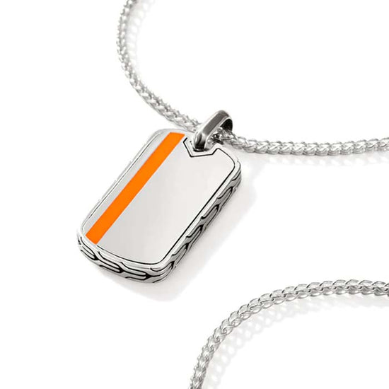 John Hardy Dog Tag Pendant Necklace with Orange Enamel in Sterling Silver