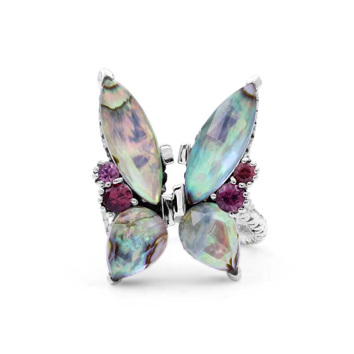 Stephen Dweck Garden of Stephen Faceted Natural Quartz Abalone and Rhodolite Garnet Butterfly Ring in Sterling Silver