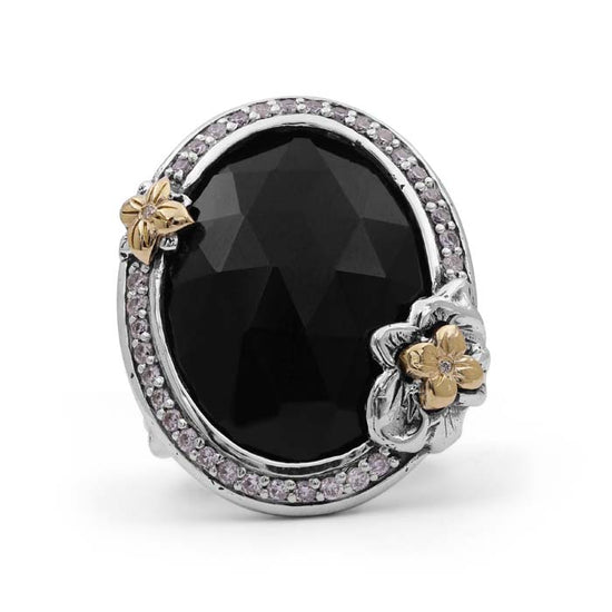 Stephen Dweck Faceted Black Onyx Ring with Diamonds in Sterling Silver and 18K Yellow Gold