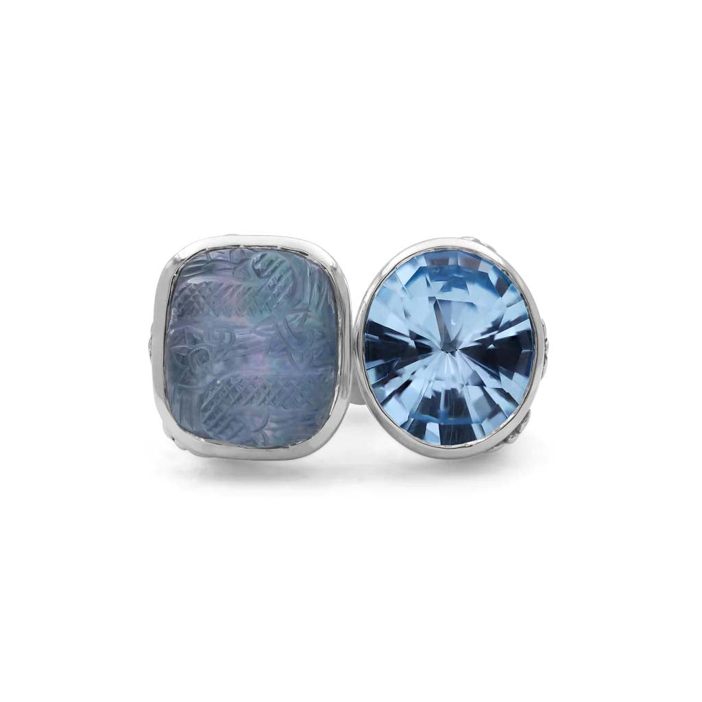 Stephen Dweck Carventurous Hinged Sunray Ring with Faceted Blue Topaz and Triplet of Natural Quartz Mother Of Pearl and Green Agate In Sterling Silver
