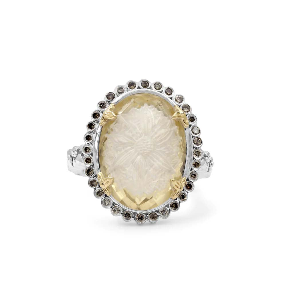 Stephen Dweck Carventurous Ring with Internally Carved Natural Quartz and Champagne Diamonds In Sterling Silver and 18K Yellow Gold