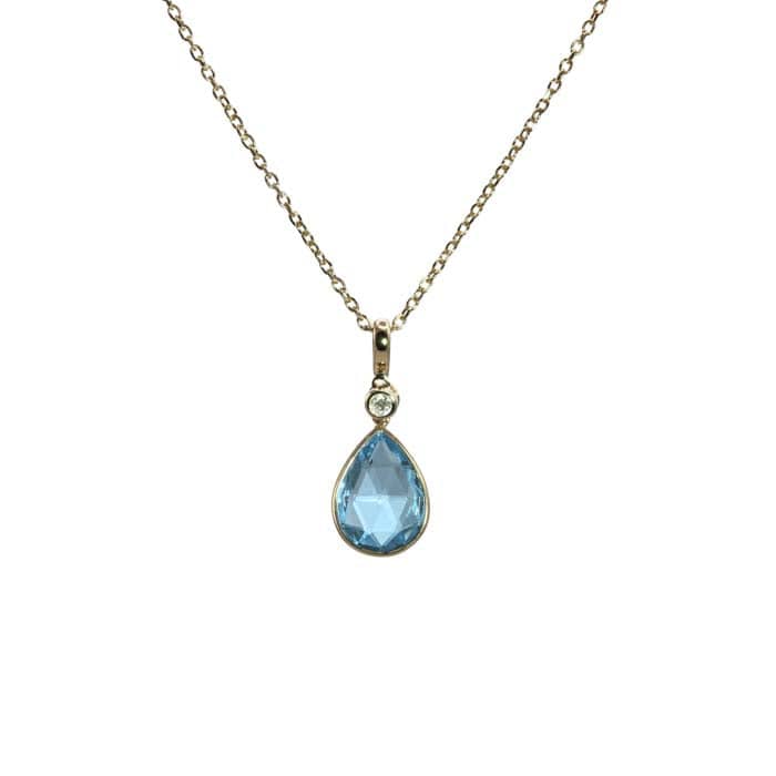 Mountz Collection Swiss Blue Topaz Pear Shaped Drop Pendant with Diamond Detail in 14K Yellow Gold