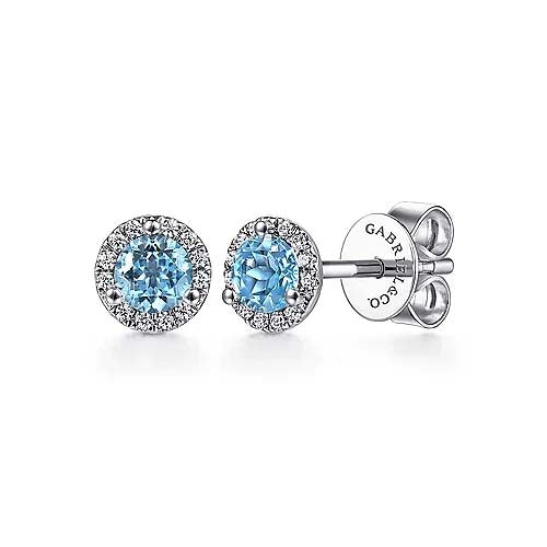 Gabriel & Co. Swiss Blue Topaz Stud Earrings with Diamond Halo in 14K White Gold