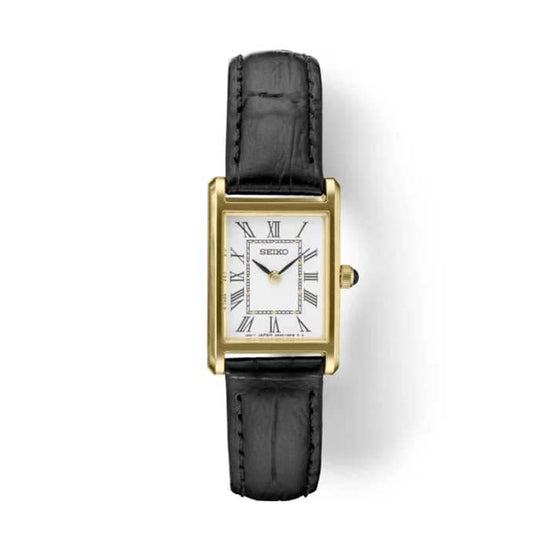Seiko 18MM White Rectangular Dial SOLAR PVD Gold-tone Stainless Steel Watch with Leather Strap