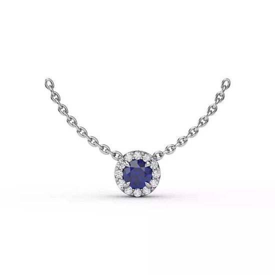 Fana Sapphire and Diamond Halo Pendant Necklace in 14K White Gold