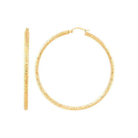 Mountz Collection Diamond Cut 3mm x 60mm Round Tube Hoop Earrings in 14K Yellow Gold