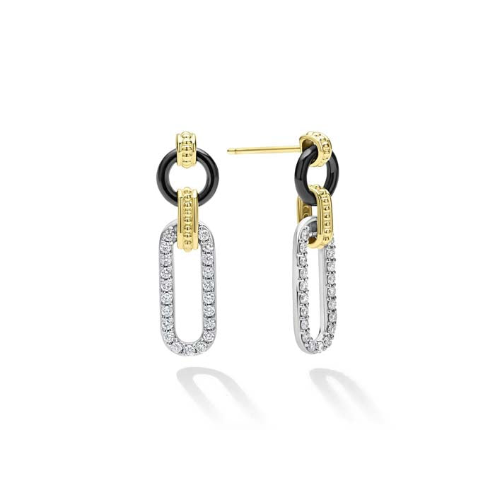 LAGOS Small Black Ceramic Diamond Link Drop Earrings in 18K Yellow Gold and Sterling Silver