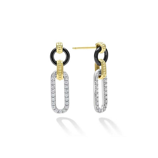 LAGOS Small Black Ceramic Diamond Link Drop Earrings in 18K Yellow Gold and Sterling Silver