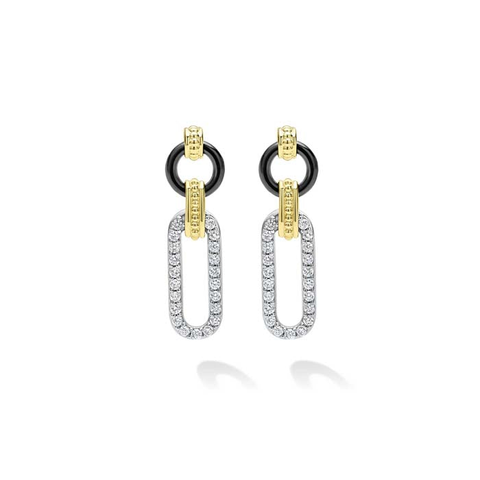 LAGOS Small Black Ceramic Diamond Link Drop Earrings in 18K Yellow Gold and Sterling Silver