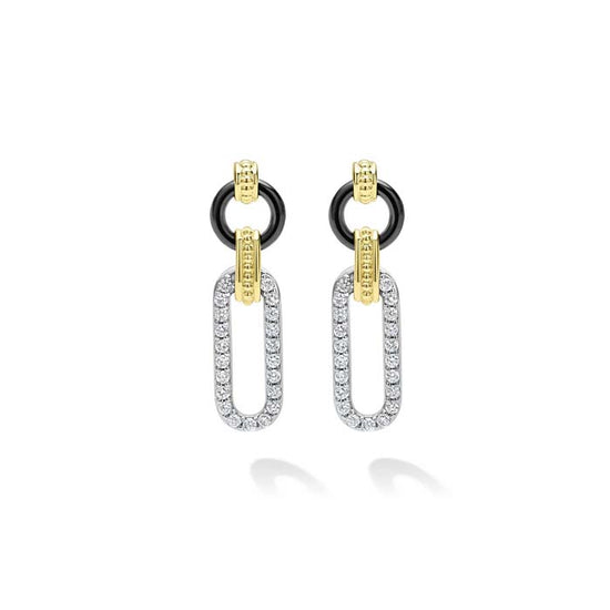 LAGOS Small Black Ceramic Diamond Link Drop Earrings in 18K Yellow Gold and Sterling Silver