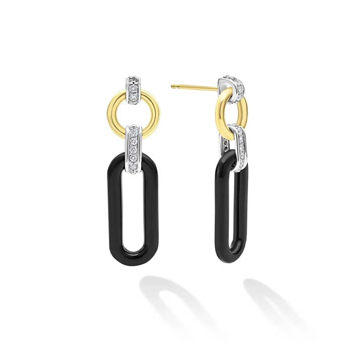 LAGOS Black Ceramic Diamond Link Drop Earrings in 18K Yellow Gold and Sterling Silver