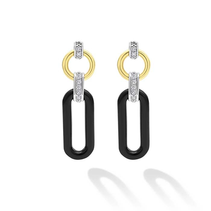 LAGOS Black Ceramic Diamond Link Drop Earrings in 18K Yellow Gold and Sterling Silver