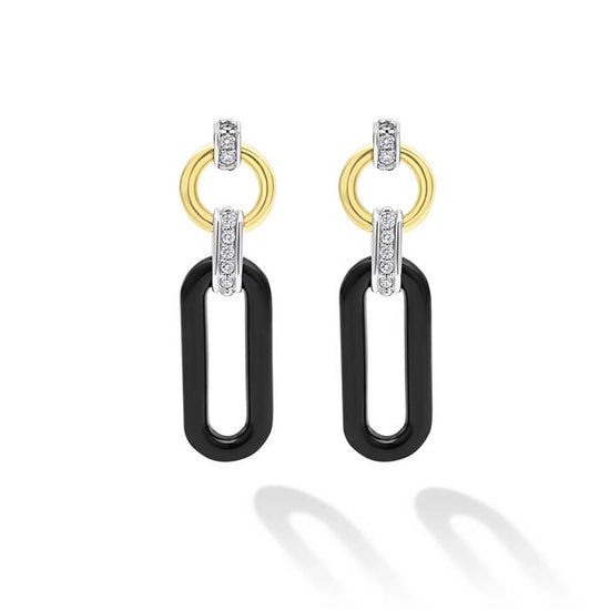 LAGOS Black Ceramic Diamond Link Drop Earrings in 18K Yellow Gold and Sterling Silver