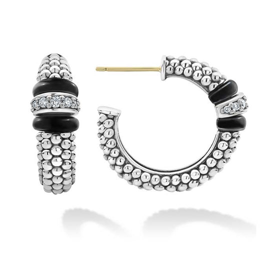 LAGOS Black Ceramic Caviar Diamond Hoop Earrings in Sterling Silver