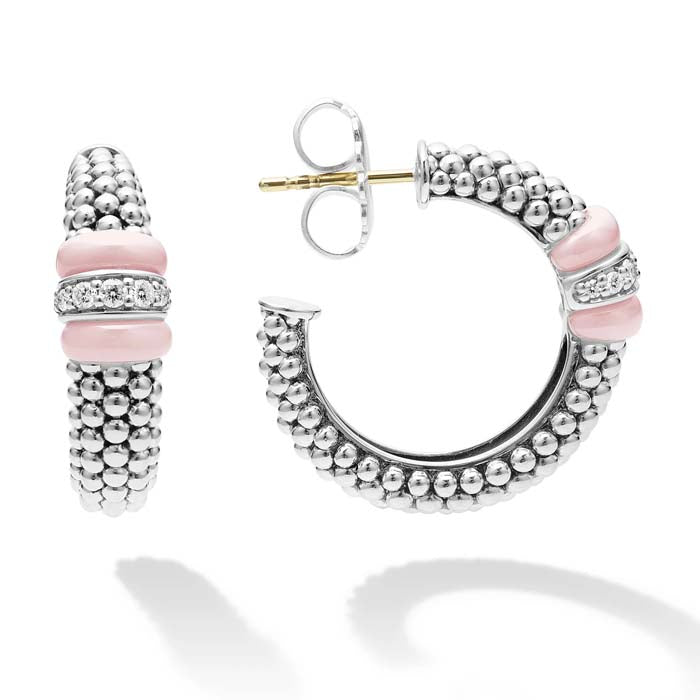 LAGOS Pink Ceramic Caviar Diamond Hoop Earrings in Sterling Silver