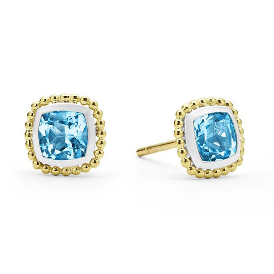 Estate LAGOS Swiss Blue Topaz Caviar Stud Earrings in Sterling Silver and 18K Yellow Gold