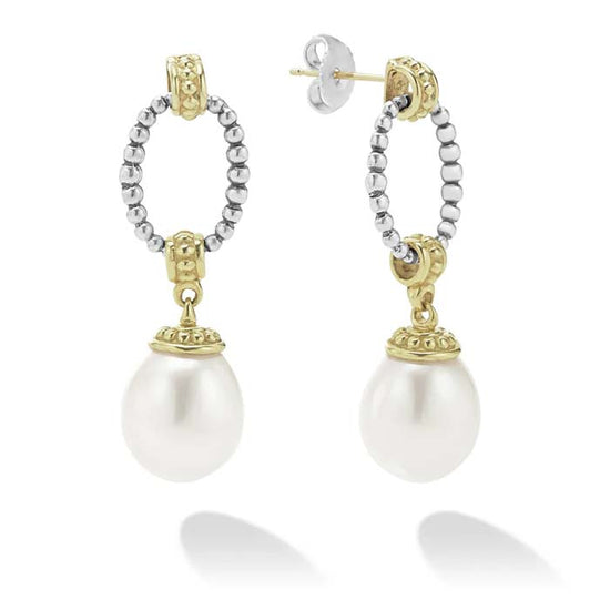 LAGOS Two Tone Pearl Oval Drop Earrings in Sterling Silver and 18K Yellow Gold