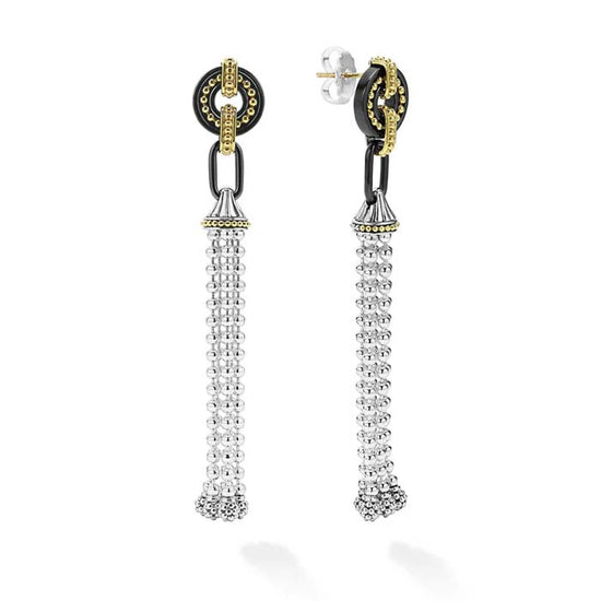 LAGOS Black Ceramic Caviar Two-Tone Tassel Earrings in 18K Yellow Gold and Sterling Silver