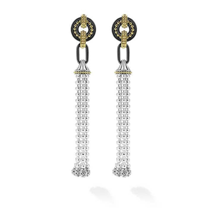 LAGOS Black Ceramic Caviar Two-Tone Tassel Earrings in 18K Yellow Gold and Sterling Silver