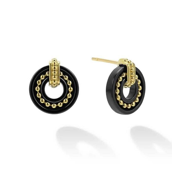 Lagos 12MM Black Caviar Circle Stud Earrings in Black Ceramic, 18K Yellow Gold, and Sterling Silver