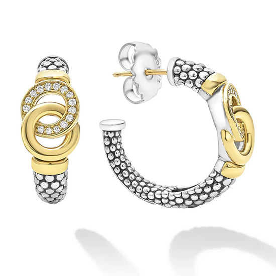 LAGOS Signature Caviar Two-Tone Interlocking Diamond Hoop Earrings in Sterling Silver and 18K Yellow Gold