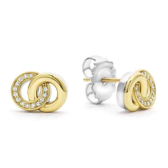 LAGOS Signaure Caviar Two-Tone Interlocking Diamond Stud Earrings in Sterling Silver and 18K Yellow Gold