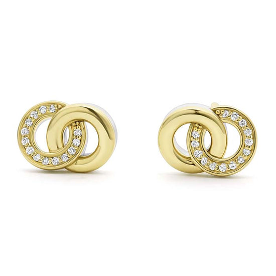 LAGOS Signaure Caviar Two-Tone Interlocking Diamond Stud Earrings in Sterling Silver and 18K Yellow Gold