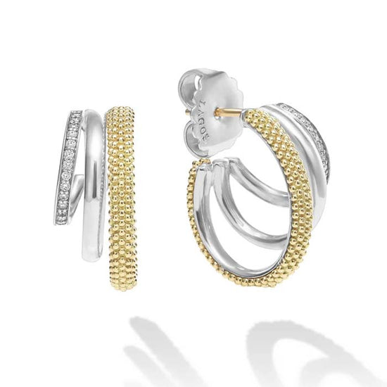 LAGOS Two-Tone Three Ring Diamond Hoop Earrings in Sterling Silver and 18K Yellow Gold