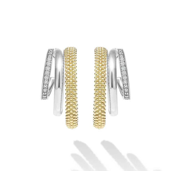 LAGOS Two-Tone Three Ring Diamond Hoop Earrings in Sterling Silver and 18K Yellow Gold